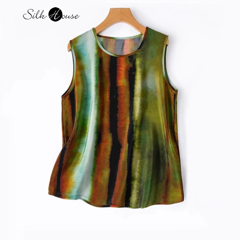 

High Quality 26MM 100% Natural Mulberry Silk Heavy Crepe Round Neck Sleeveless Gradient Color Versatile Women's T-shirt