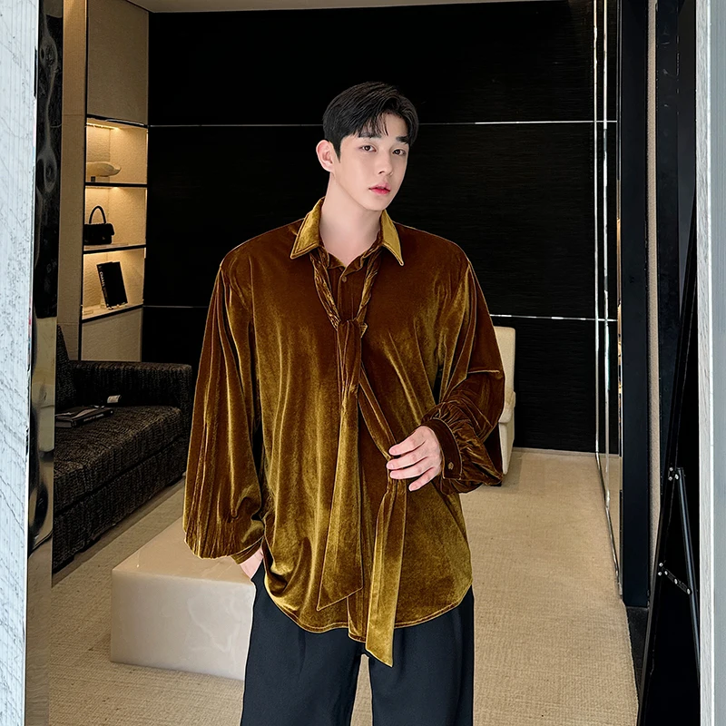 Men Net Celebrity Vintage Streetwear Fashion Velvet with Tie Loose Causal Long Sleeve Shirt Korean Style Oversize Shirts Blouses