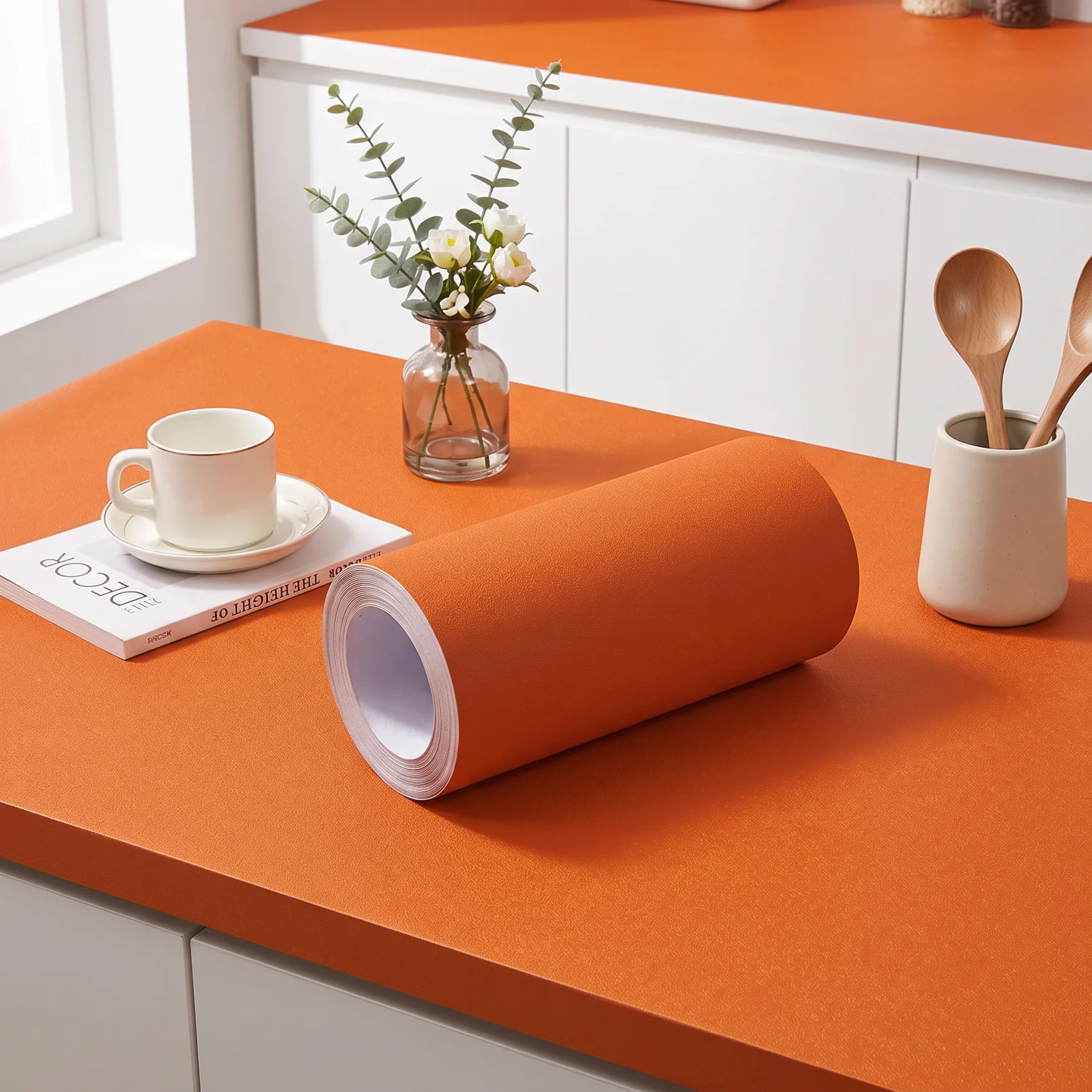 40CM Width Matte Orange Self-adhesive Removable PVC Wallpaper Waterproof Moisture-proof for Bedroom Wall Desktop Wardrobe Decor