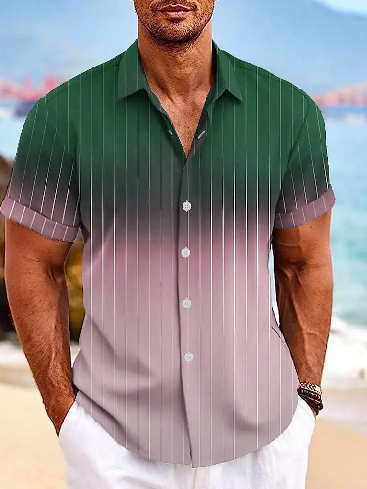 

Мужская повседневная свободная посадка с принтом ort Sve irt в полоску с отложным воротником на пуговицах, молодежная летняя одежда