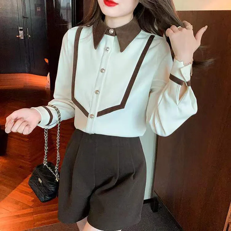 Elegant Lapel Button Spliced All-match Korean Shirt Women Clothing 2024 Autumn New Loose Casual Tops Fashion Office Lady Blouse