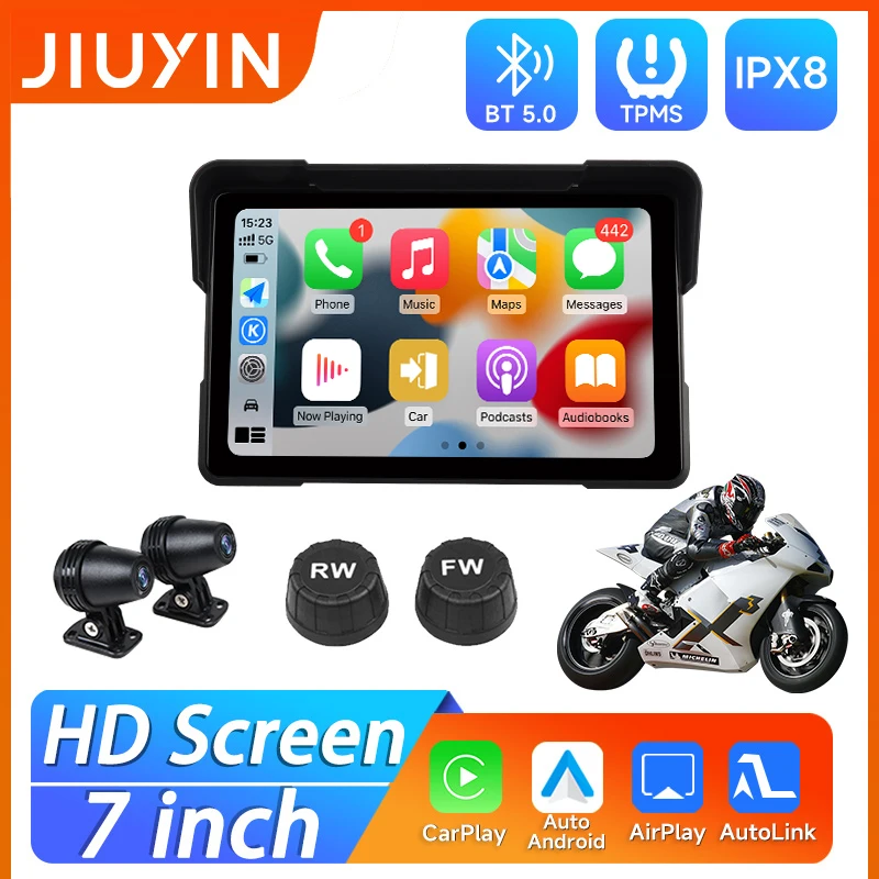 7 "motocykl odtwarzacz multimedialny rejestrator nawigacji GPS bezprzewodowy CarPlay Android Auto IP67 wodoodporny ekran Bluetooth 2024 nowość