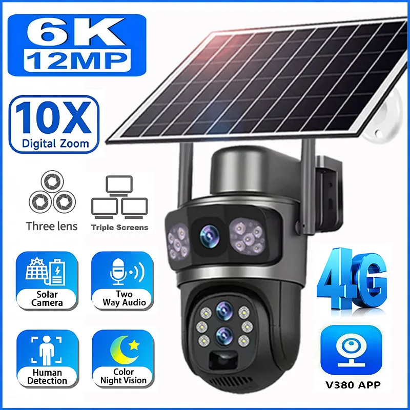 Three Lens 10X Zoom 4G Sim Solar Camera Outdoor 6K 12MP Security Surveillance Camera 360 Human Auto Tracking Solar CCTV V380 Pro