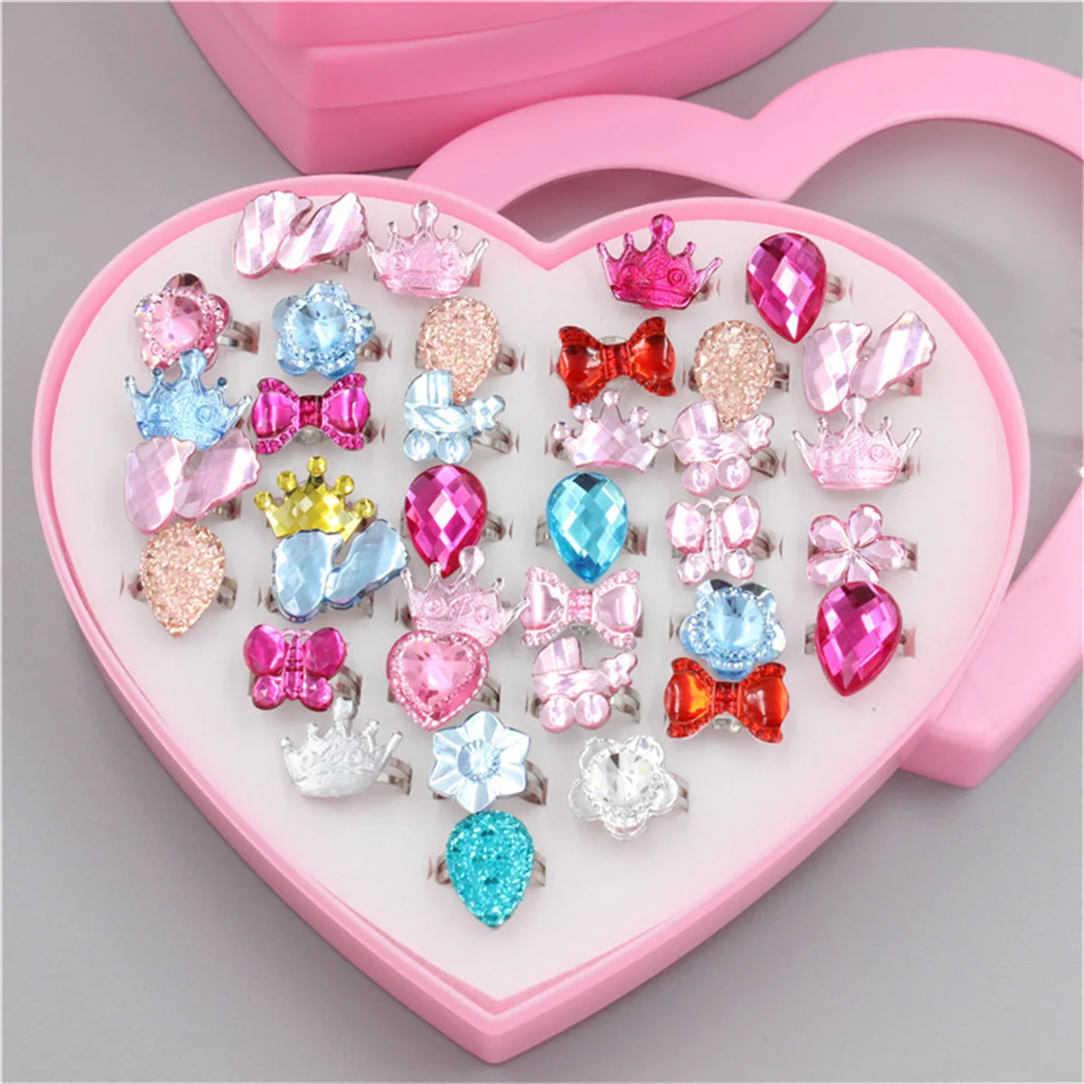 10/24/36/Set Cute Cartoon Acrylic Small Ring Heart-shaped Gift Box Set Resin Children's Toy Jewelry The Best Holiday Gift Rings