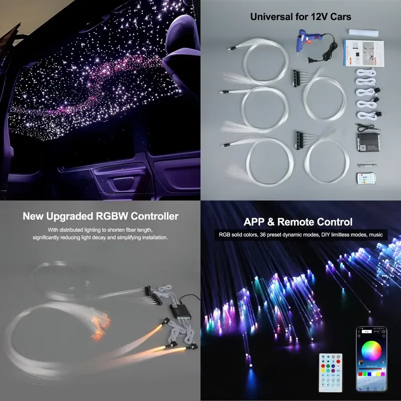 【CHIMU HOME】 Premium Car Roof Star Light APP Remote Control RGBW Glow Fiber Optic Starlight Headliner Kits for Car Interior