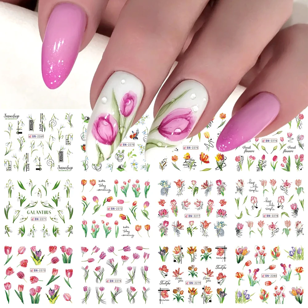 Tulipas flores água decalques de unhas folha transferência adesivos de unhas primavera verão decoração snowdrops marcas d'água slider LEBBN2269-2280