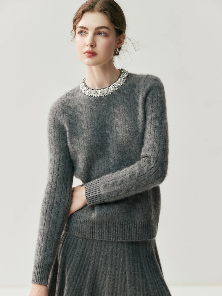 

TLOML Autumn Winter Women's 100% Cashmere Sweater O-neck Beading Collar Cable Knit Pullover Grace Style Cashmere Knitwear Tops