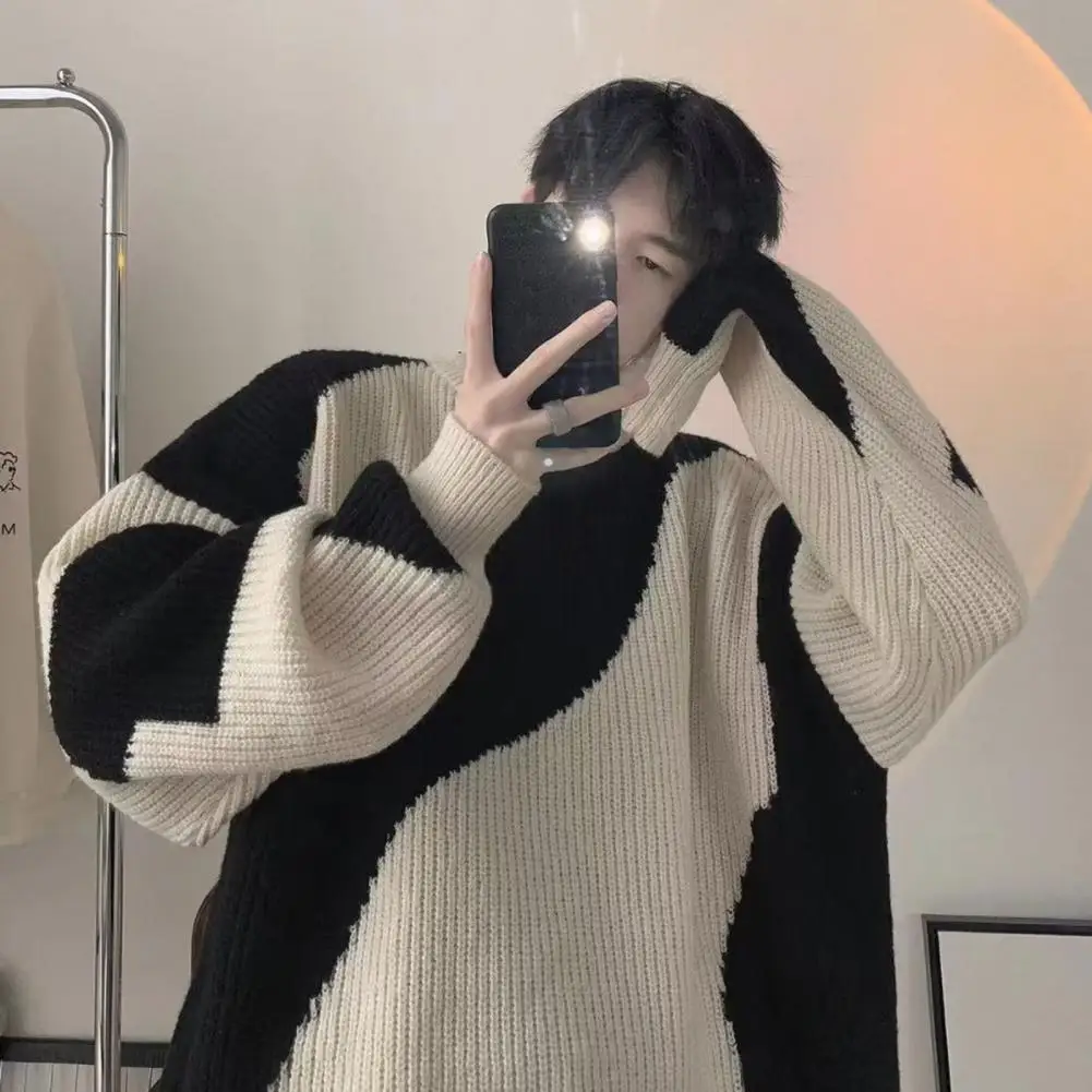 Herbst Oansatz Stricken Pullover für Männer Kuh Patchwork Pullover Männer Lose Beiläufige Harajuku 2023 Koreanische Mode Herren Übergroßen Pullover