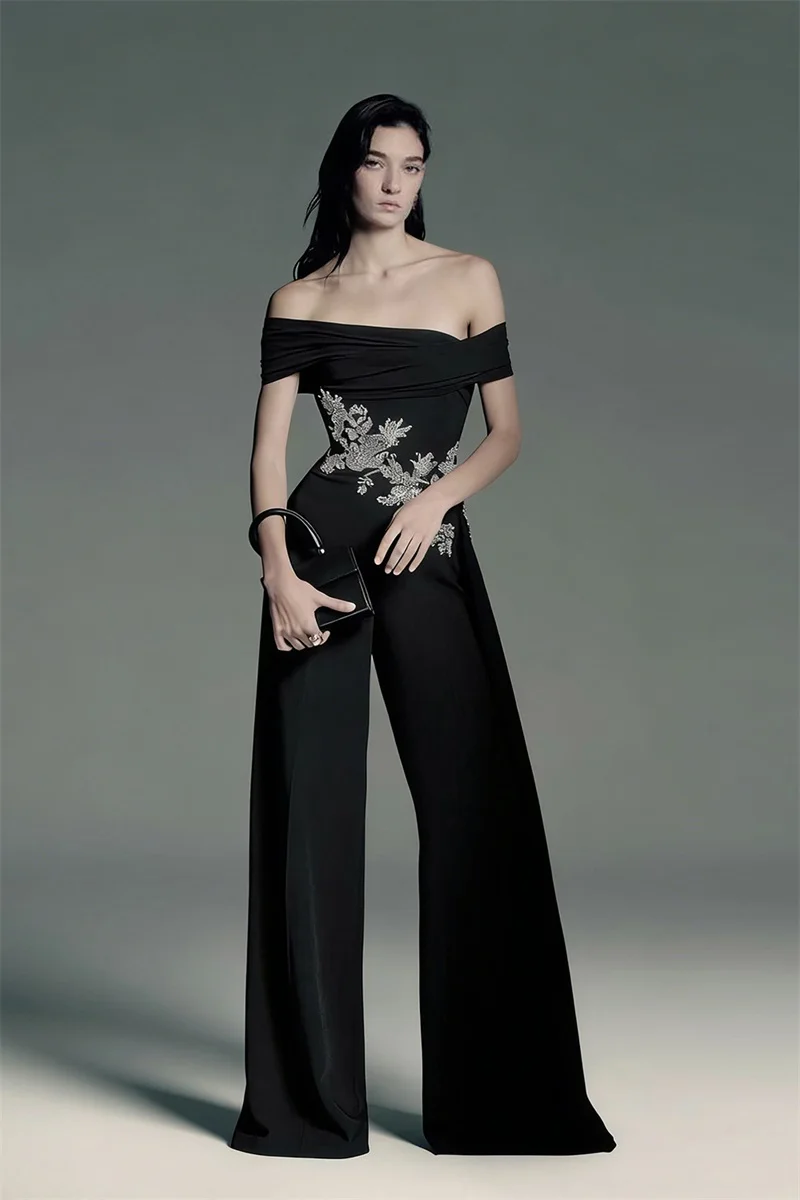 

Shiny Crystals Black Women Jumpsuit Sexy Off Shoulder Short Sleeves Formal Wedding Evening Pants Banquet Party Bridal Trousers