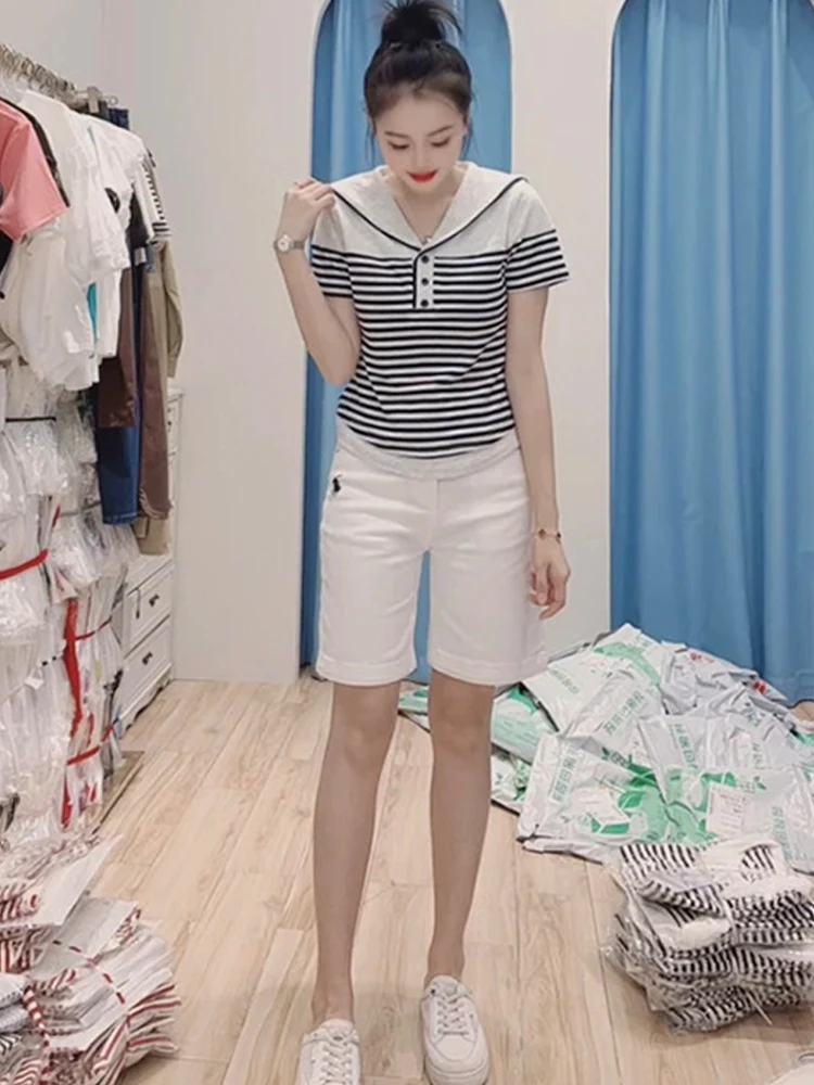 Elegancki granatowy kołnierzyk w paski, krótki top damski na lato, nowy, wyszczuplający, w stylu koreańskim, do pracy, wzór.