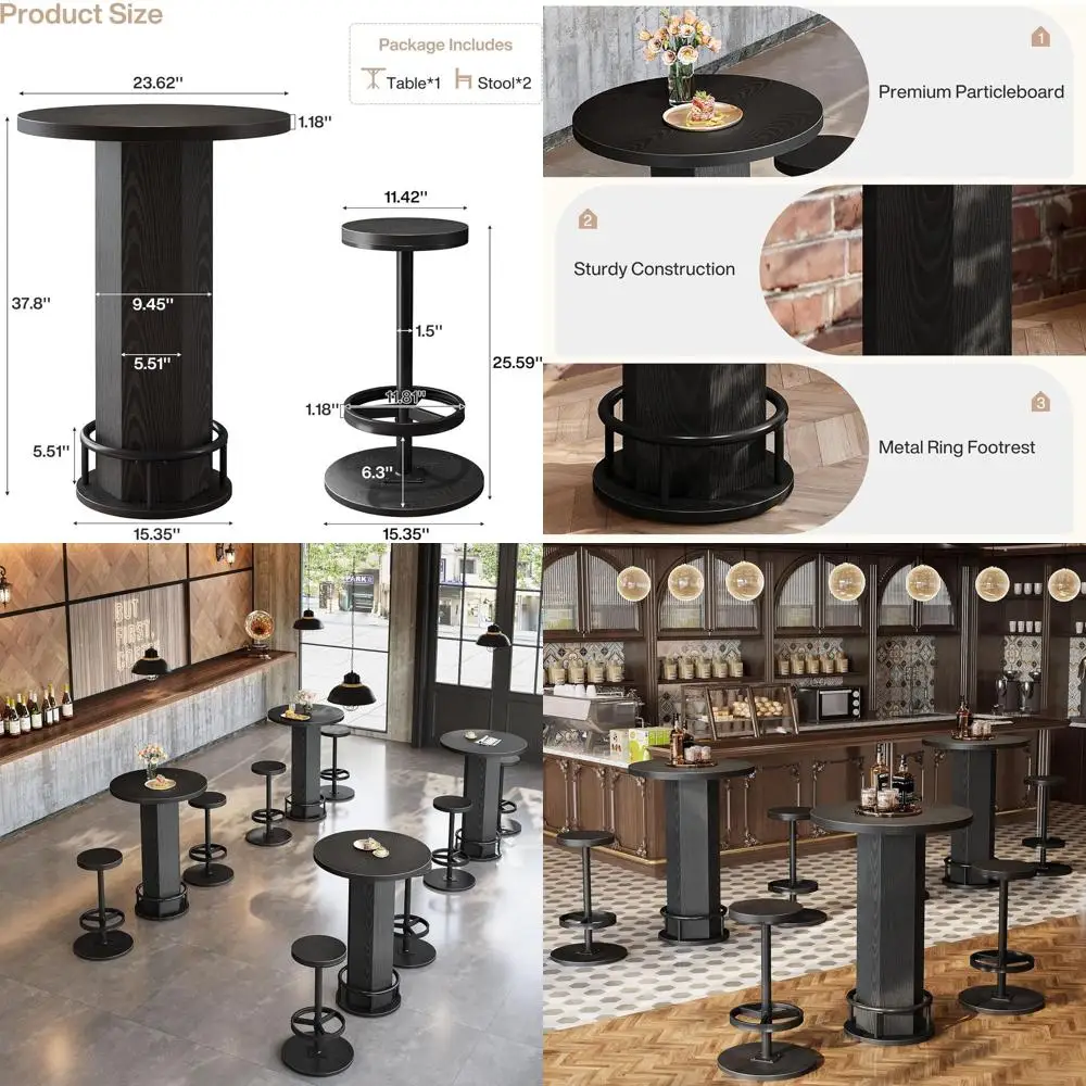 

4-Seat Commercial Dining Set, 23.6 Sturdy Bar Table with Chairs, Wooden Restaurant Furniture, Rustic Brown & Black