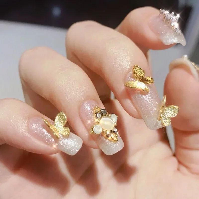 5Pcs Ins Popular 3D Matte Gold Metal Bow Nail Charms, Mini Butterfly Alloy Ornaments For DIY Handmade Manicure Decor
