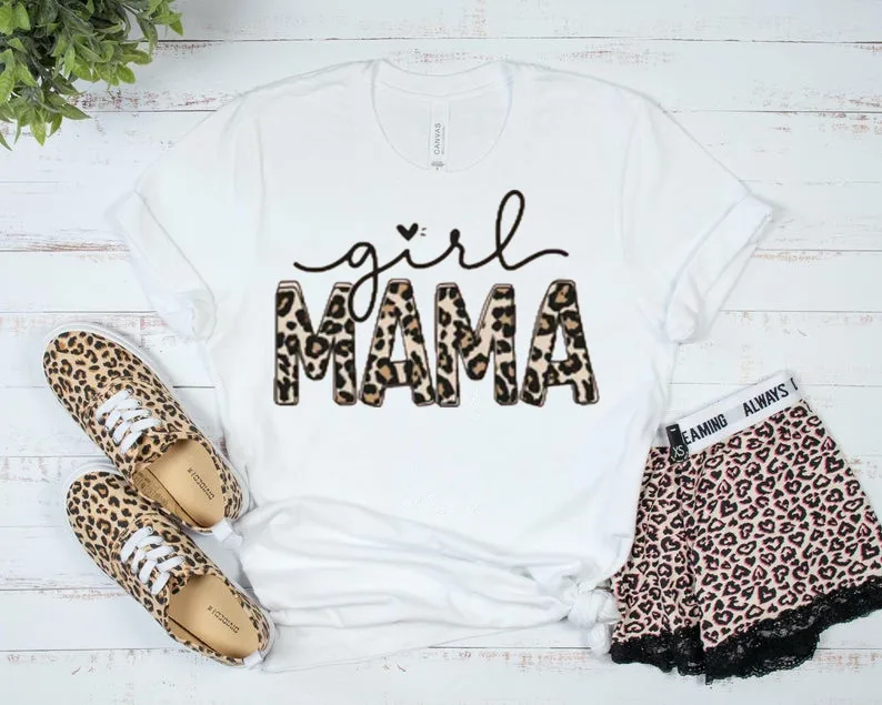 Girl Mama Leopard Shirt Girl Mom Mama Girl Mom of Girls Short Sleeve Top Tees O Neck Fashion 100% Cotton harajuku Drop Shipping