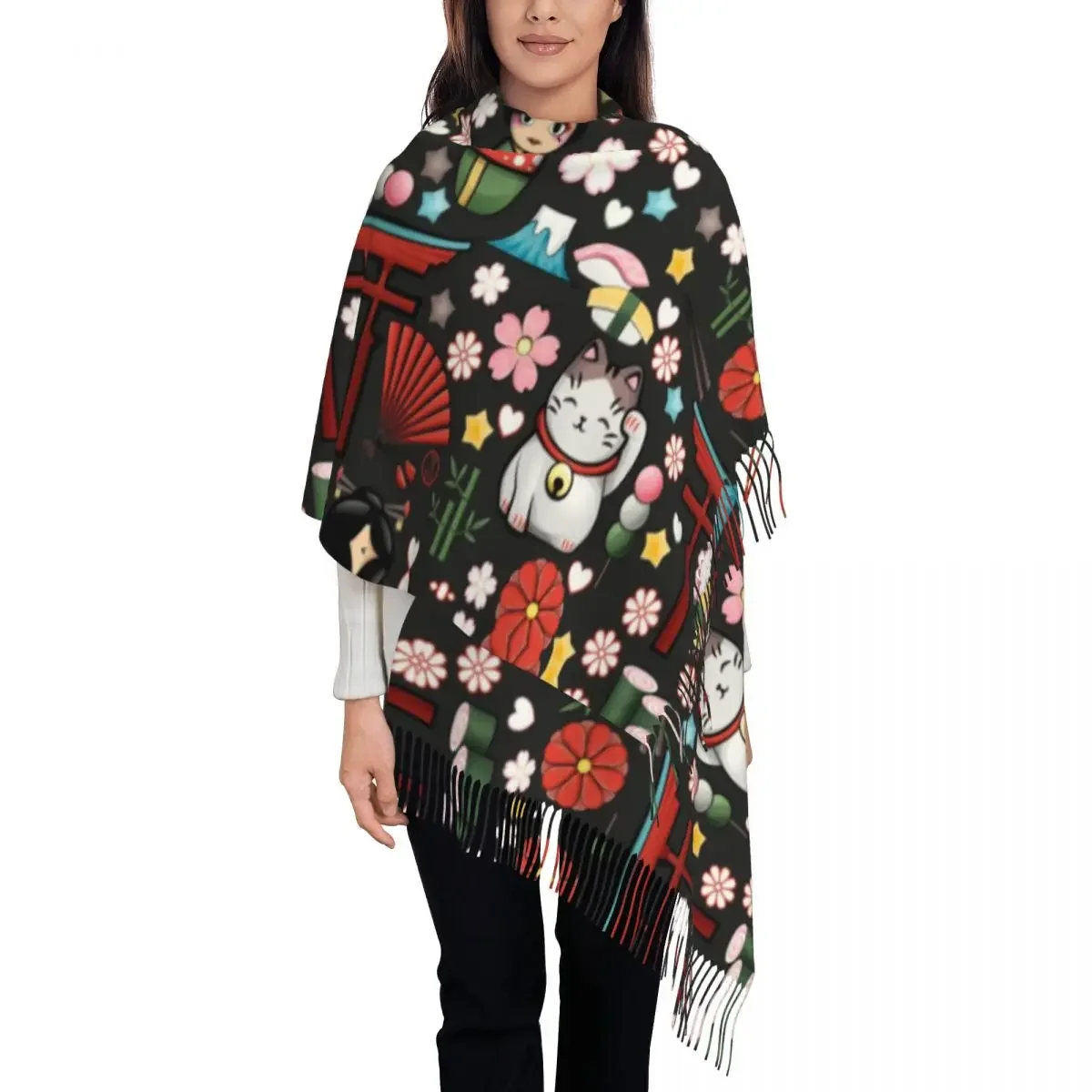 Custom Kawaii Maneki Neko Lucky Cat Scarf Wrap Women Long Winter Warm Tassel Shawl Unisex Japanese Geisha Art Scarves