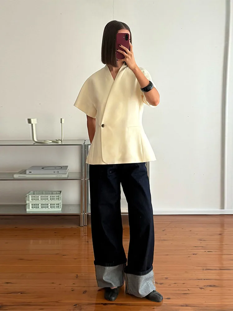 Elegante Blazer de Manga Corta para Mujer, con un Botón, Cuello en V, Cintura Ajustada, Chaqueta para Primavera/Verano 2026, Ropa de Uso Diario