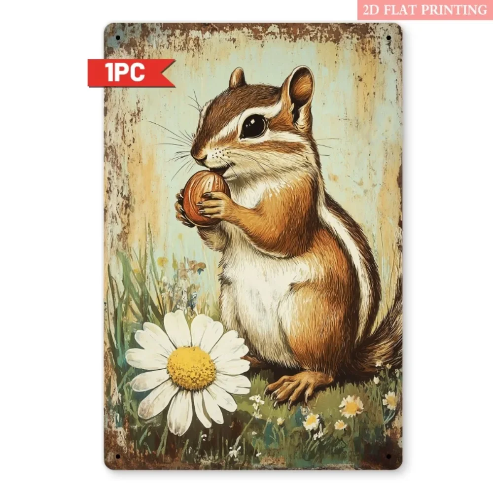 Vintage Chipmunk with Nut & Daisy Metal Sign, Rustic Cute Iron Wall Art for Garden & Porch, 8x12 Inch