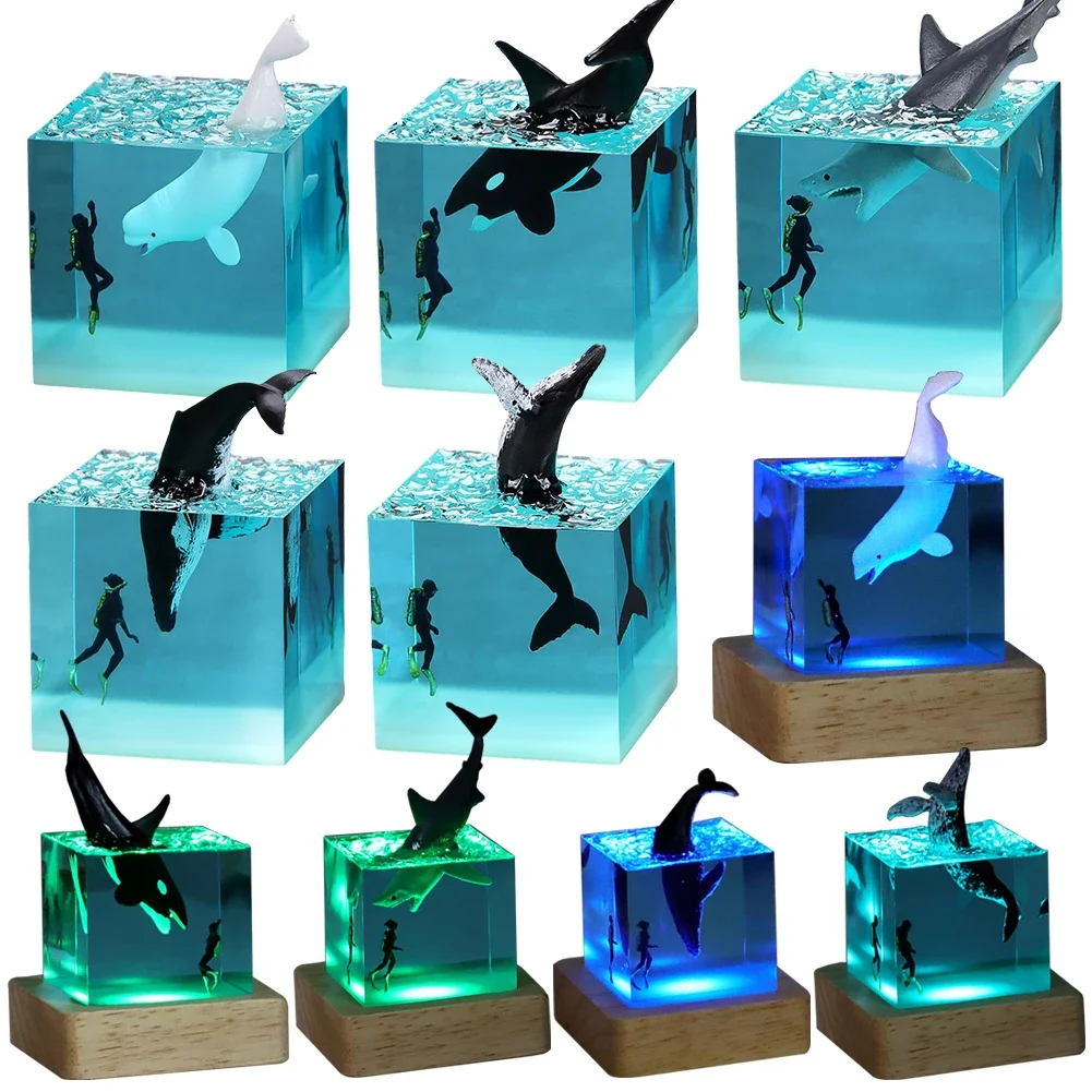 Micro Landscape Whale Diver Model Marine Whale Cube Ornament Epoxy Resin Ocean Shark Diver Figures Decoration LED Night Light