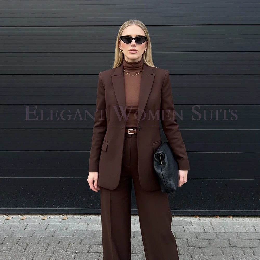 

Bespoke Brown Women's Suits Elegant Office Lady One-Button Peak Lapel Regular Fit 2 Piece Jacket Pants Blazer