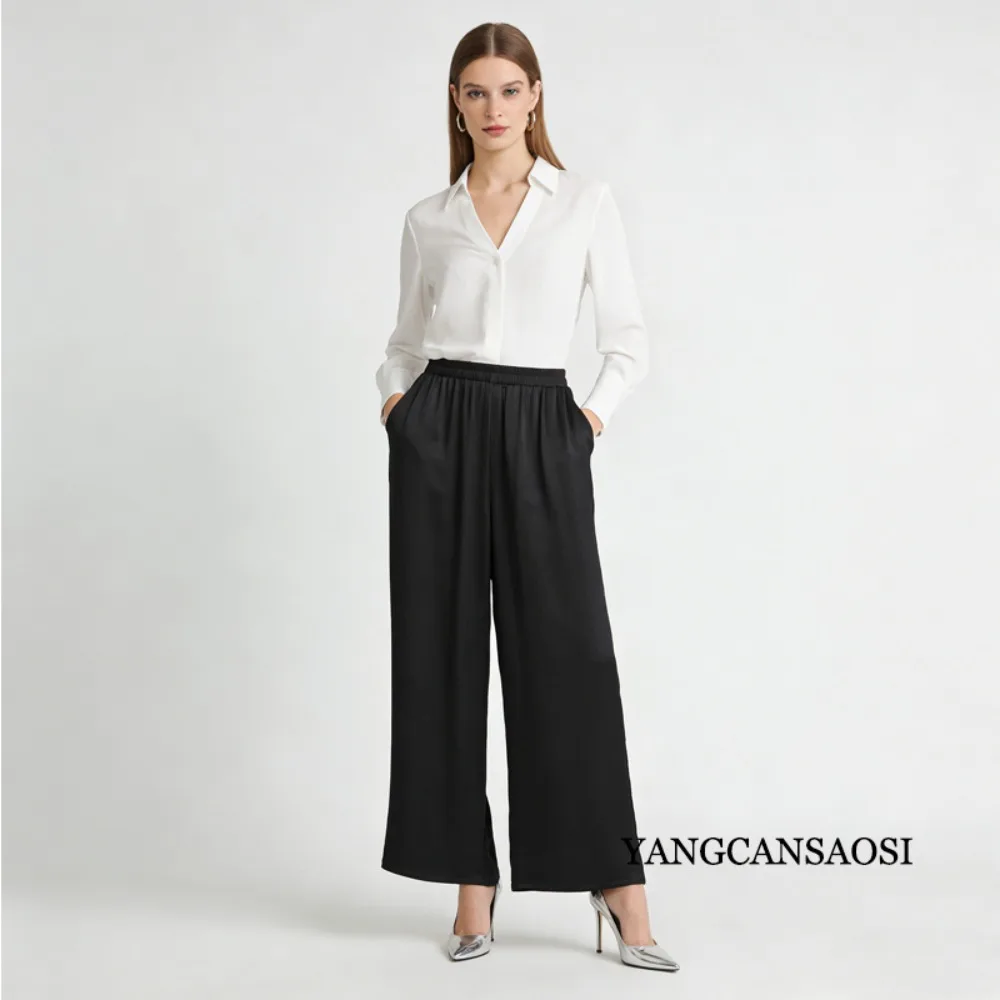 2026 Women's Spring New 100% Natural Mulberry Silk Bark Satin Double Pocket Black Elastic Waist Fashion Straight-leg Pants