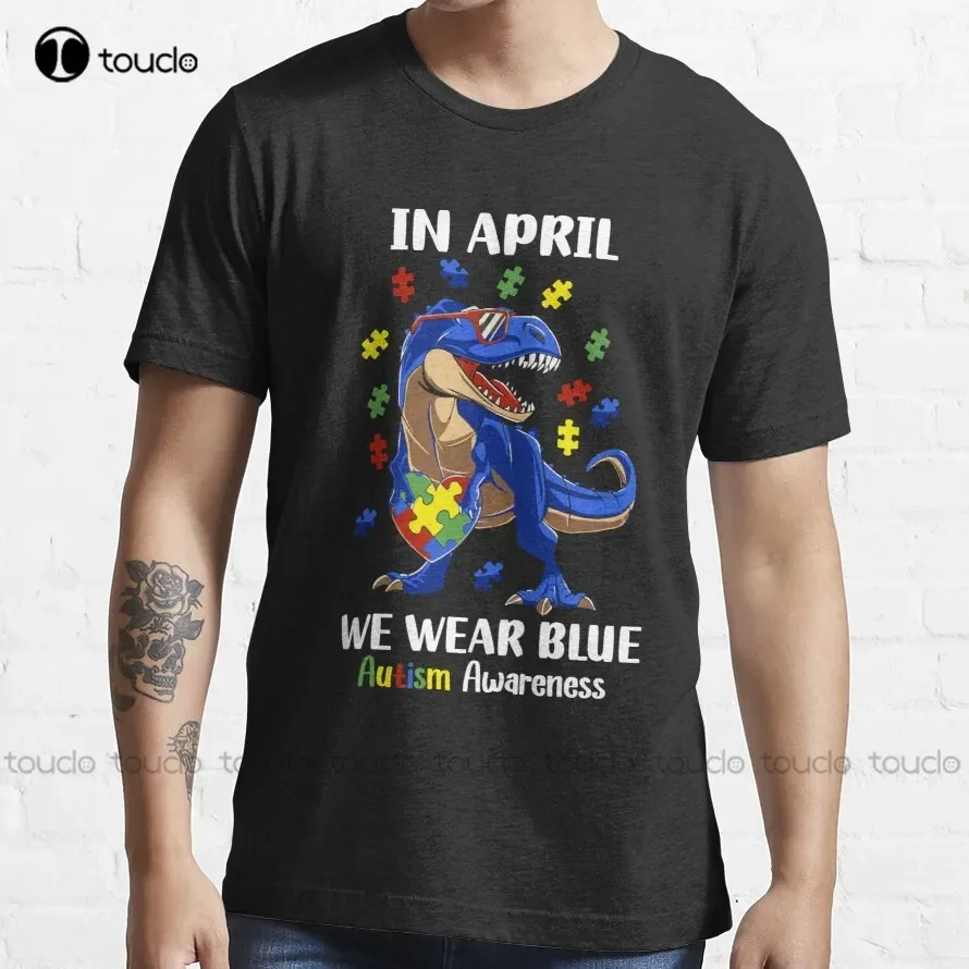 In April We Wear Blue Dinosaur Autism Awareness Month T-Shirt Size Shirts Xs-5Xl All Seasons Breathable Cotton Unisex Retro