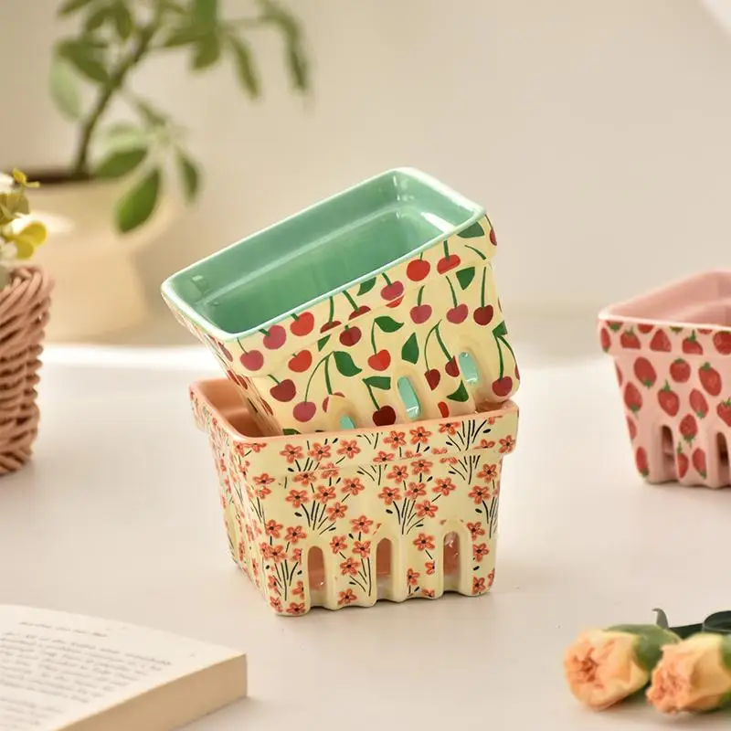 

Floral Print Ceramic Square Bowls Hollow Out Designer Cute Mini Snack Saucers Versatile Kitchen Fruit Drain Small Tableware