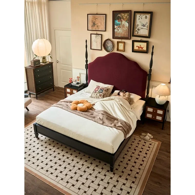 French retro bed solid wood bed 1.8 meters double small apartment soft high backrest large