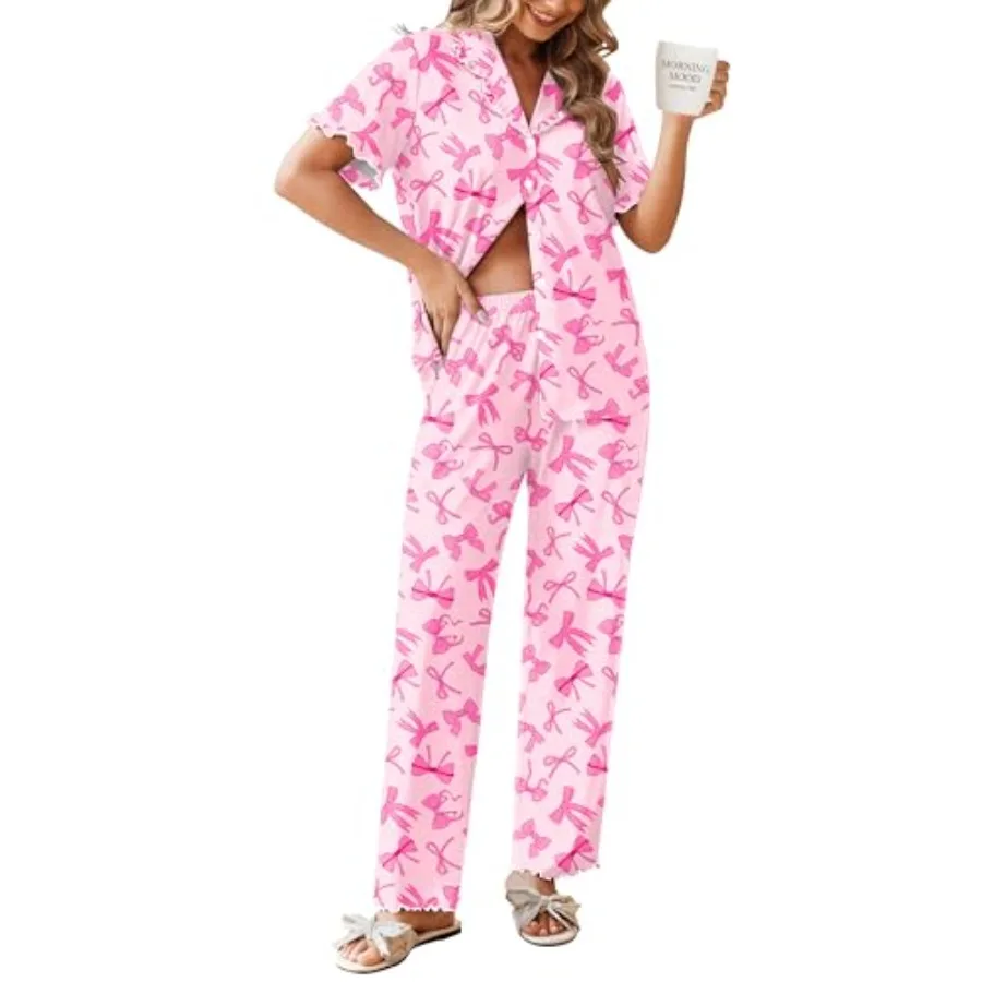 Ekouaer Womens Pajama Sets Ruffle Sleeve Printed PJs 2 Pcs Button Down Sleepwear Comfy Loungewear with Pockets