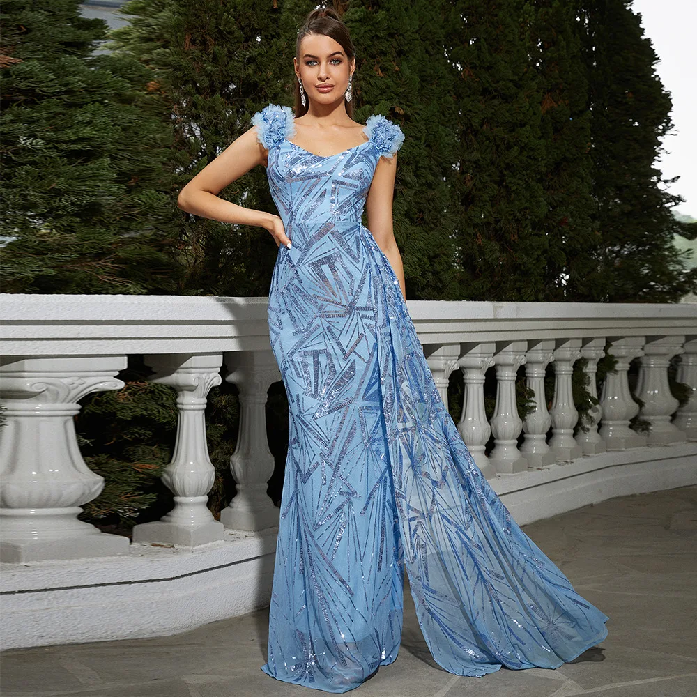 

Long Sequin Evening Dr Bridesmaid Dr Svel Square Collar Fi Tail Gown for Wedding Par Spring High Waist Knitted