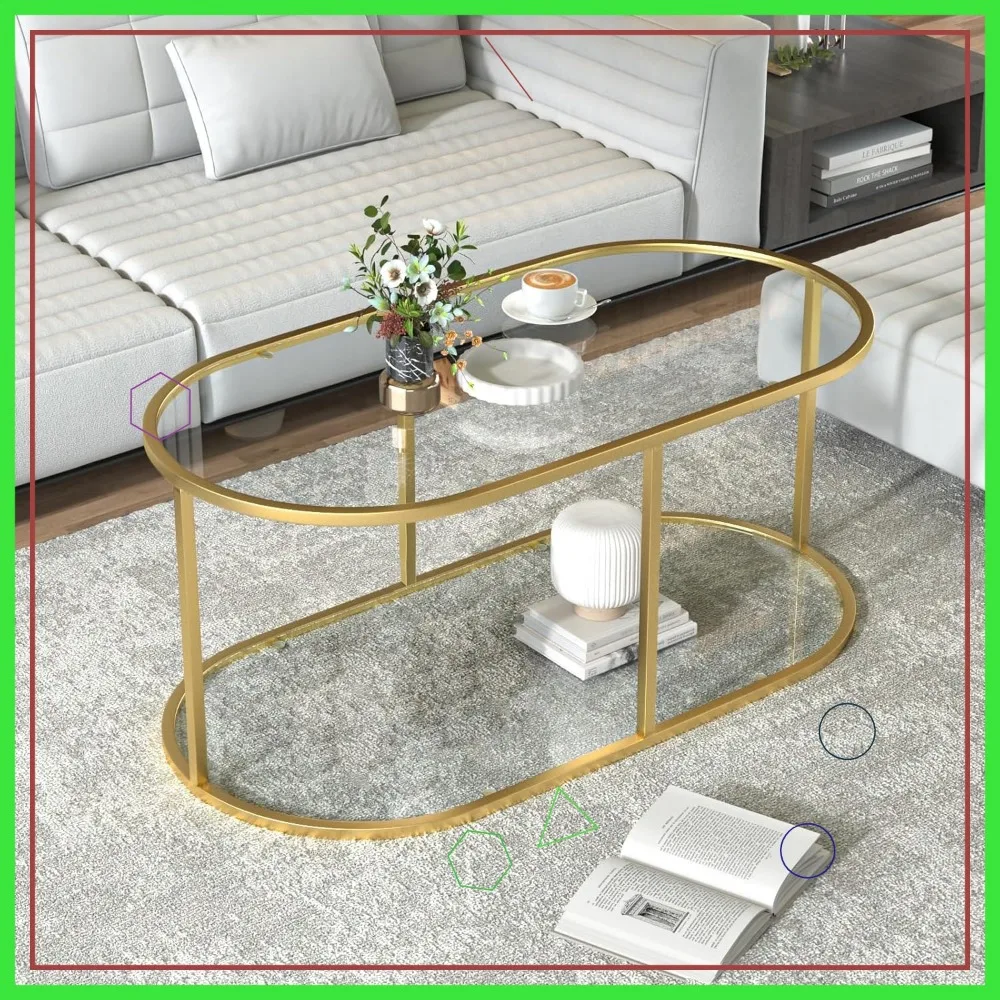 

Gold Glass Oval Coffee Table with Metal Frame, 2-Tier Modern Design for Living Room and Office