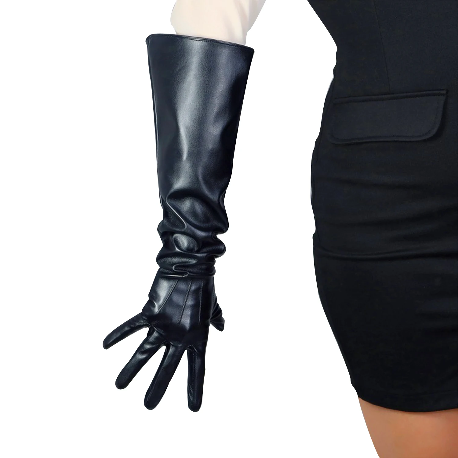 DooWay Unisex Black Winter Gloves with Puff Wide Sleeves Elbow Long Loose Faux Leather Fashion Evening Cosplay Oversize Glove