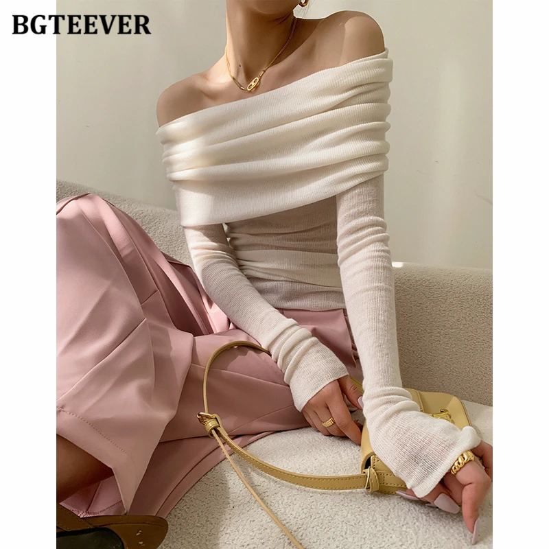 BGTEEVER Elegant Slash Neck Ladies Pullovers Sweaters Autumn Winter Slim Full Sleeve Women Knitted Jumpers Female Knitwear