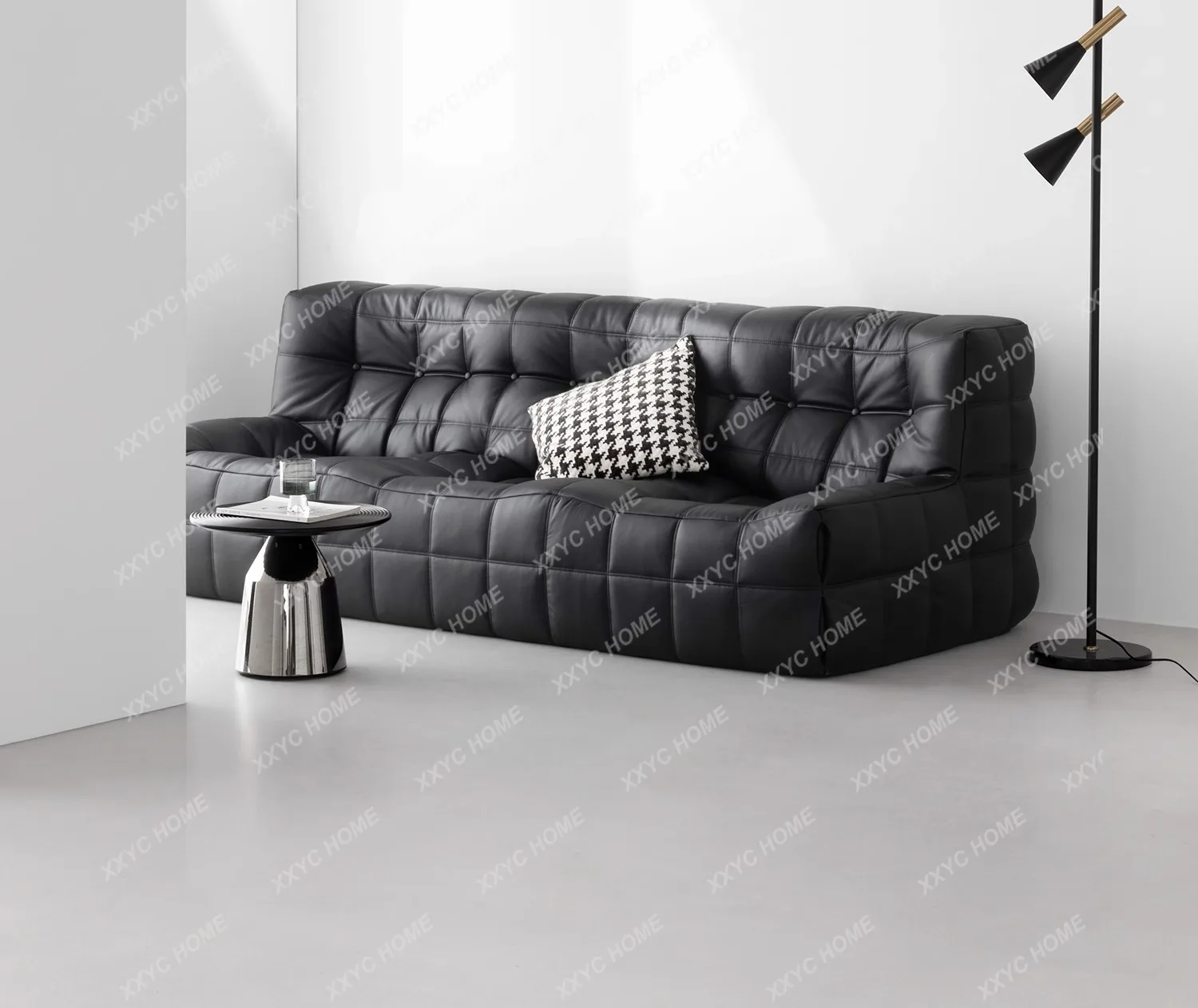

Black Retro Tofu Square Plaid Lazy Light Luxury Sofa Straight Row Floor Double Triple Mao Mao