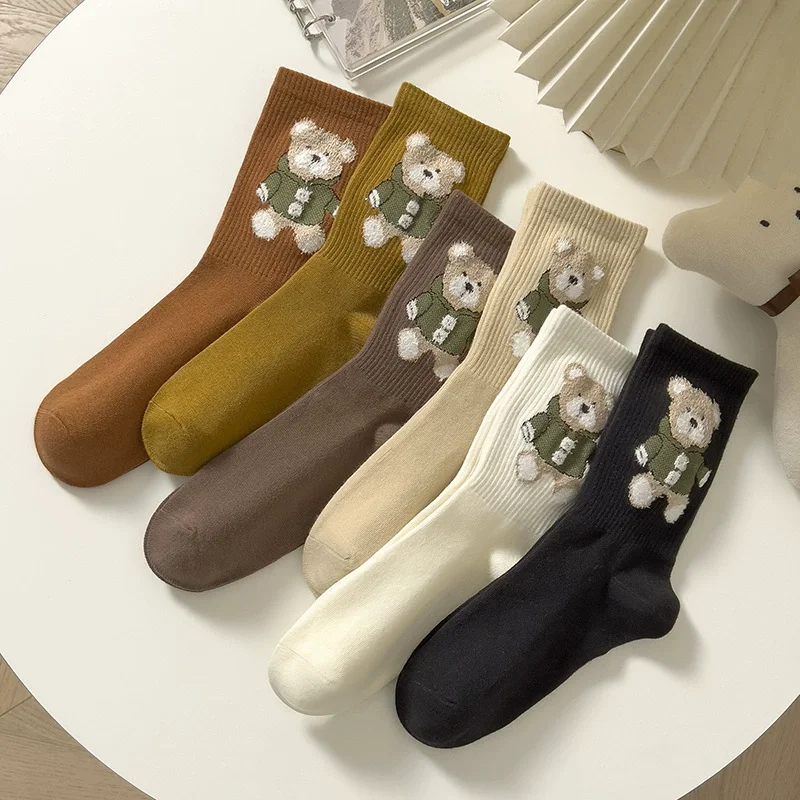Socks Women\'S Autumn Winter Spring Kawaii Bear Cute Cartoon Harajuku Short Middle Tube Sock Sports Cotton Calcetines Mujer meias