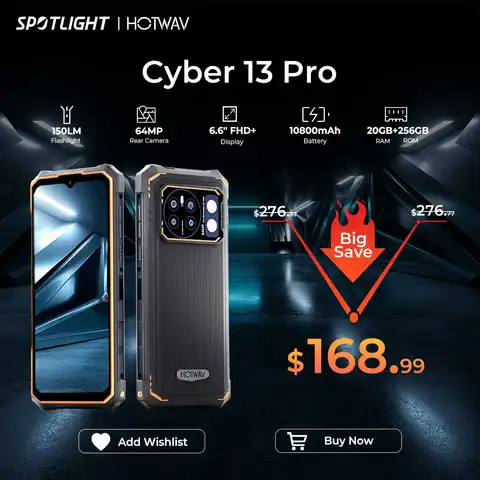 [월드 프리미어] HOTWAV Cyber ​​13 Pro 150LM 손전등 20GB+256GB 6.6인치 FHD+ 2K 10800mAh 20W 고속 충전 64MP Android 13 글로벌