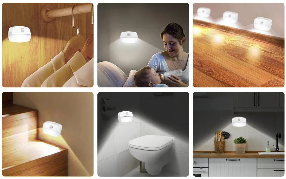 Stick on PIR Motion Sensor LED Night Light Battery Operated Nightlight for Bathroom Hallway Stairs Closet Cabinet Bedroom Decor