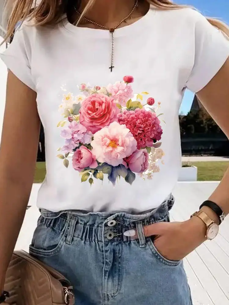 Camiseta con estampado de flores de amor para mujer, ropa con cuello redondo, ropa estampada de manga corta, Top de mujer