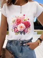 Love Flower Sweet Lovely Fashion Print Women O-neck Clothes Graphic T-shirt Short Sleeve Clothing Lady Top Female Shirt Tee