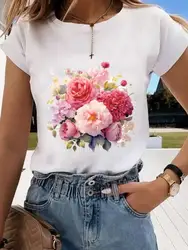 Camiseta con estampado de flores de amor para mujer, ropa con cuello redondo, ropa estampada de manga corta, Top de mujer