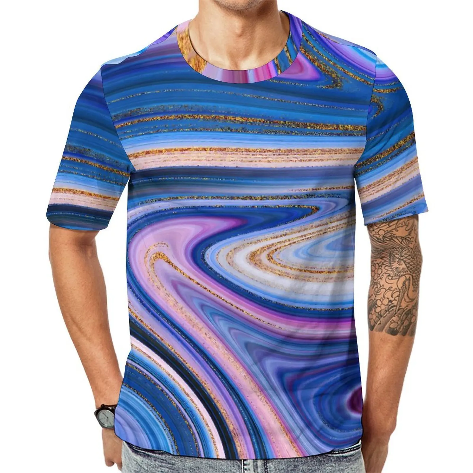 Blue And Gold Marble T Shirt Colorful Print Vintage T Shirts Mens Casual Tshirt Beach Short Sleeves Custom Tees 4XL 5XL 6XL