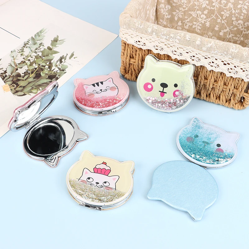 Cat Double-Sided Makeup Mirror Portable Quicksand Sequins Cartoon Girl Gift Hand Mirror Pocket Double-Sided Makeup Mirror