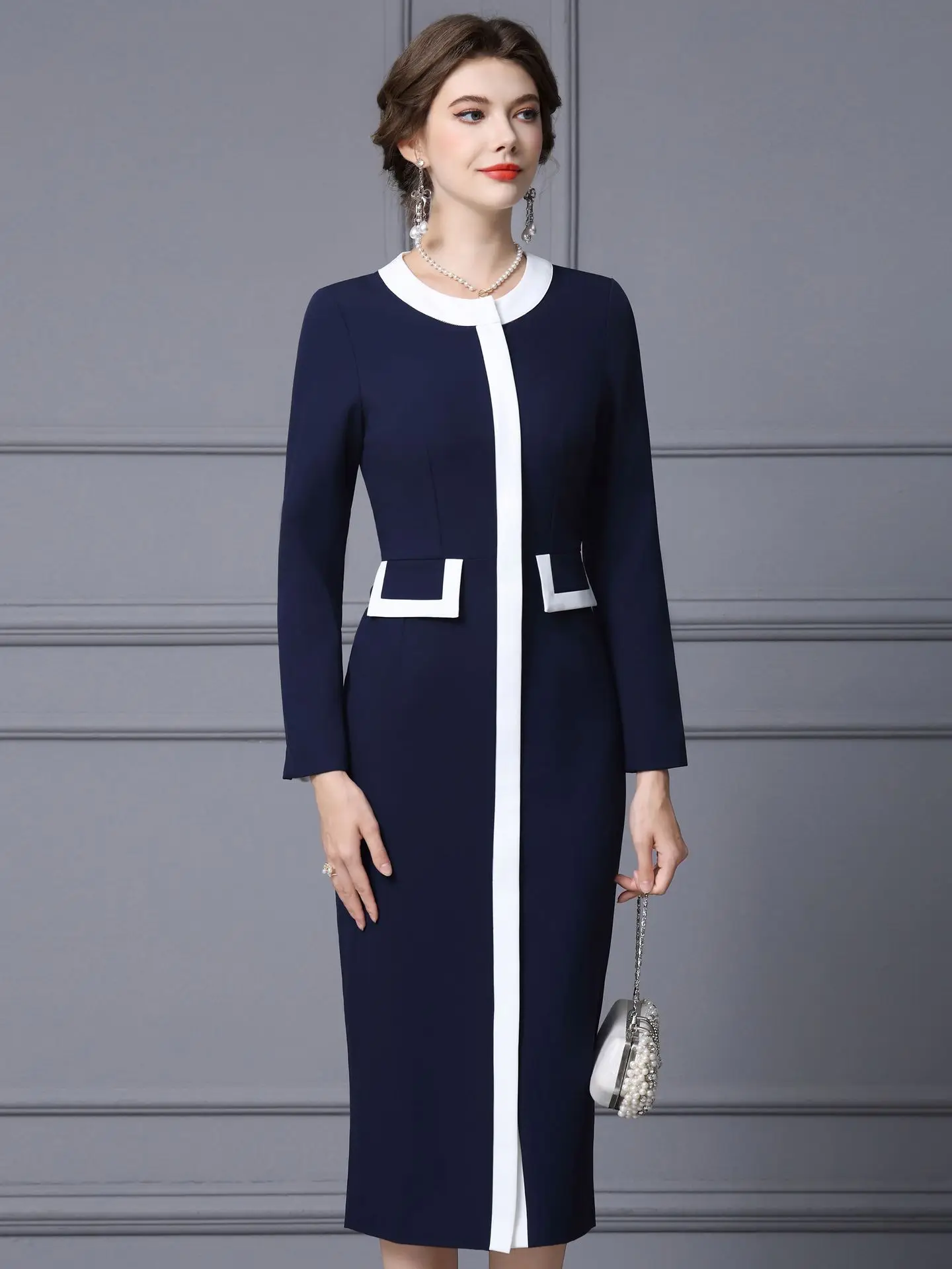 ZJYT Runway Fashion Autumn Color Block White and Blue Office Dress Women Elegant Long Sleeve Brief Midi Straight Dresses Vestido