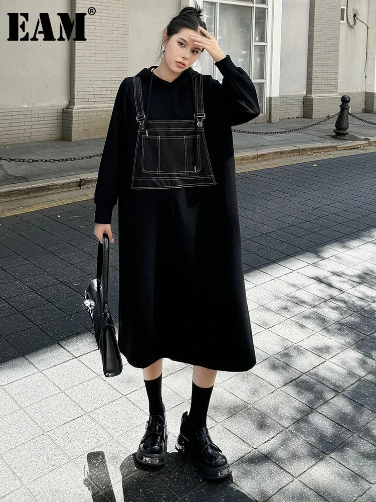 

[EAM] Women Black Denim Spliced Big Size Long Sweatshirt Dress New Hooded Long Sleeve Fashion Tide Spring Autumn 2024 1DH7694