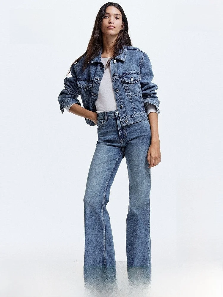 

High Waist Bell Bot Denim Jeans Women's Retro Waed H&M Ladies Faion Slim Fit Casual Cotton Polyester Spandex Blend