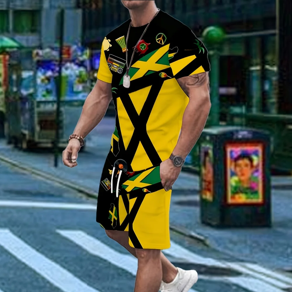 Verão novo masculino 3d tigre leão impressão em torno do pescoço manga curta camiseta shorts conjunto 2 peça de alta qualidade casual rua esportes conjunto