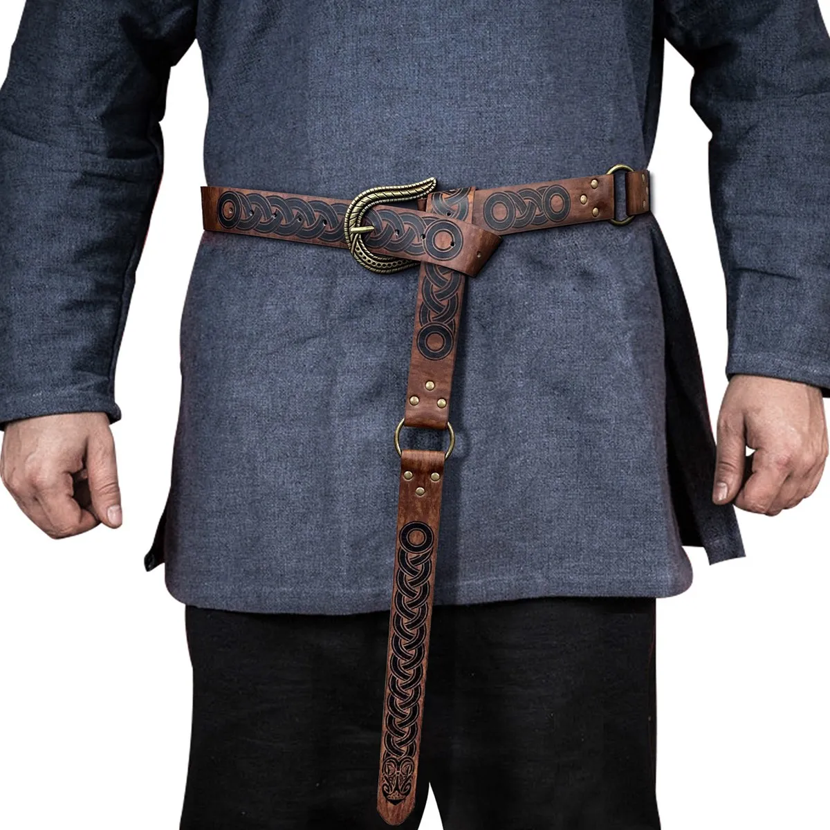 Nordic Reliëf Gesp Riem, Retro Middeleeuwse Faux Lederen Riem Voor Larp Cosplay Kostuum, Bruine Slangenkop