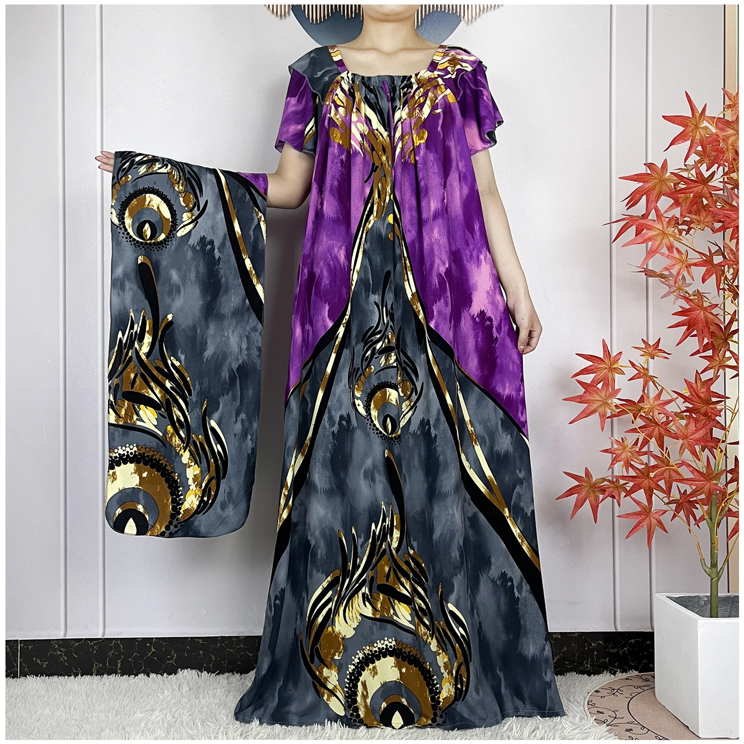 2024New Dubai Summer Fashion Short Sleeve Woman Dress African Dashiki Floral Printing Cotton Loose Islam Lady Dresses With Scarf