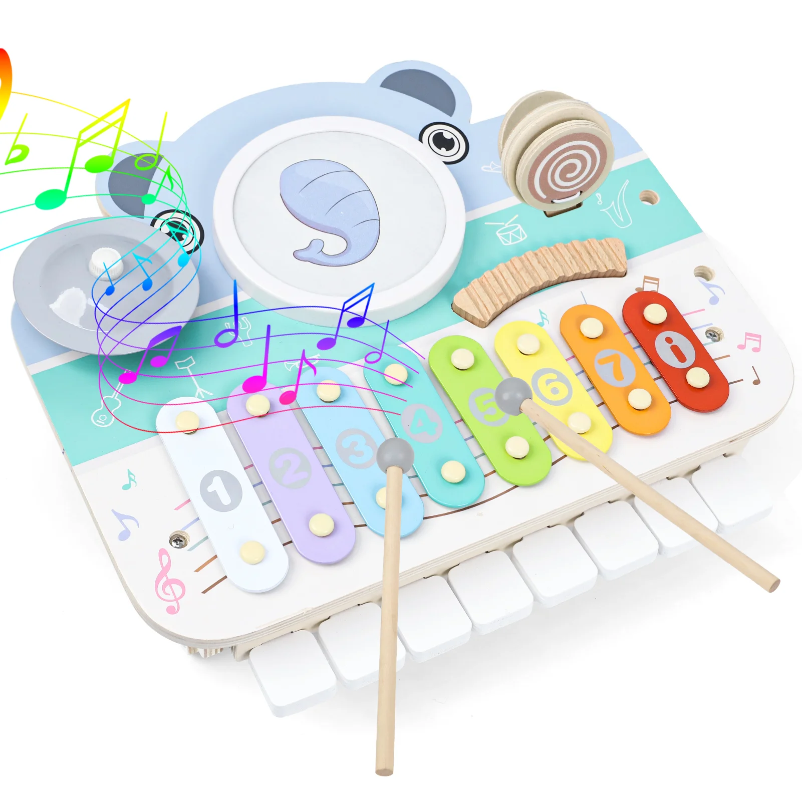 Baby Wooden Music Play Table Toy Multifunction Xylophone Drum Bells Maracas Percussion Instrument Montessori Educational Birthday Gift for Toddler Boys Girls