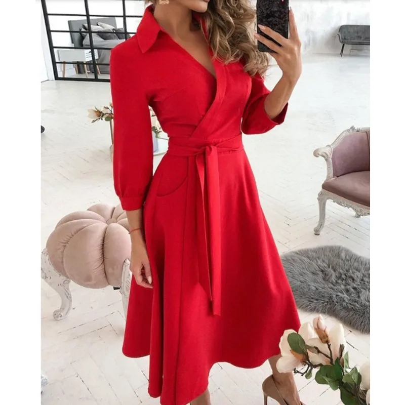 Spring/Summer Women's Long Sleeved Commuter Dress Fashion V-neck Belt Solid Color and Printed Dress Casual Loose Fit Dress