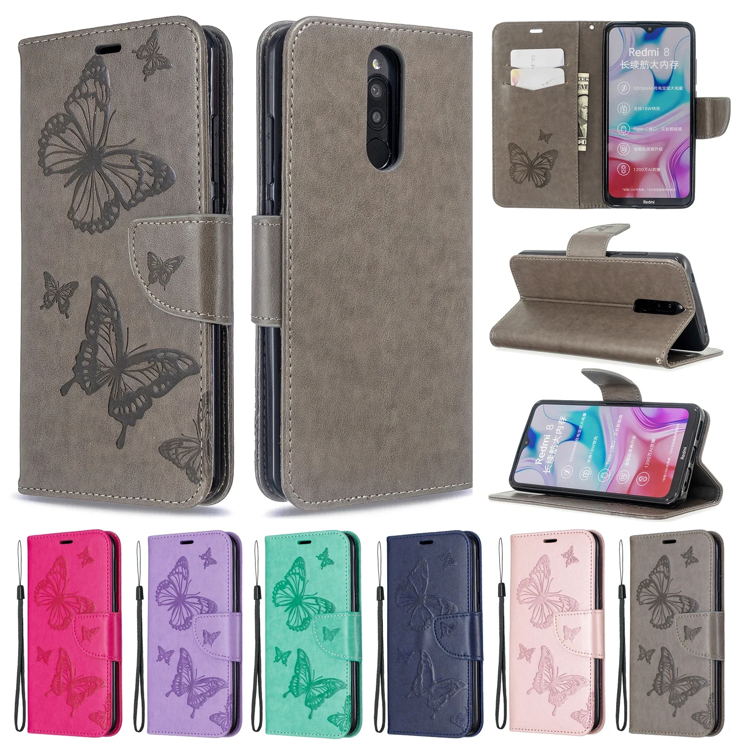 GO*Butterfly Leather Case Wallet Anti-fall Flip Phone Case For Xiaomi Redmi8A/9/9A/9C/10A/A1/A2/K20/K30/K60/K30S/POCO C31 Plus