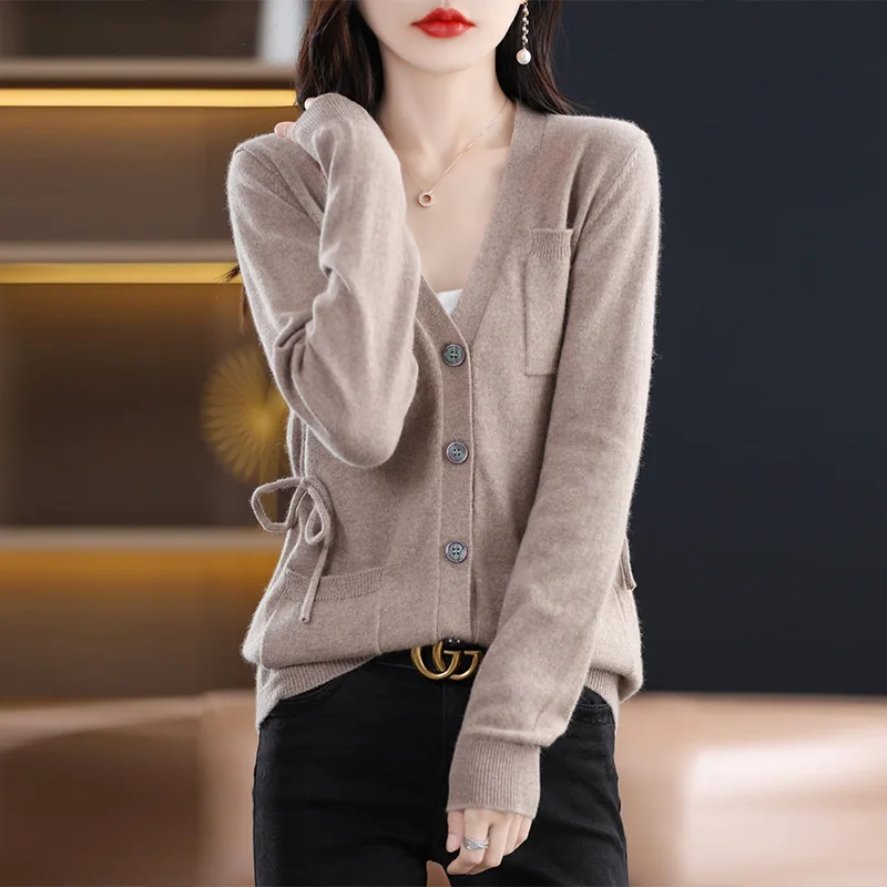 

Autumn and Winter New 100% Wool Knitted Cardigan Women Loose Big V-Neck Fashion Sweater Match Pull Rope Casual Cashmere Coat Top